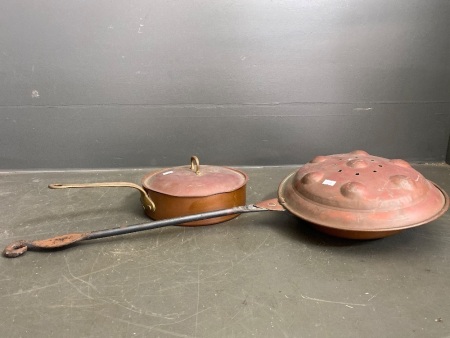 Vintage Copper Bed Warmer with Hand Forged Steel Handle + Copper Frypan 