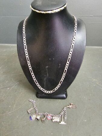 Silver chain necklace and charm bracelet