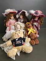 3 Vintage dolls on stands, Humphrey Bear, Teddy bear and 1 pig bride doll - 2