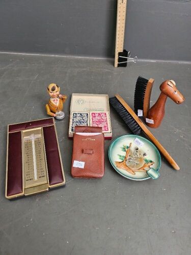 Vintage mens kit with playing cards, telephone index, shoe brushes, ash tray