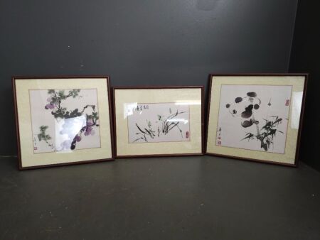Set of 3 Asian Ink on Fabric Pictures