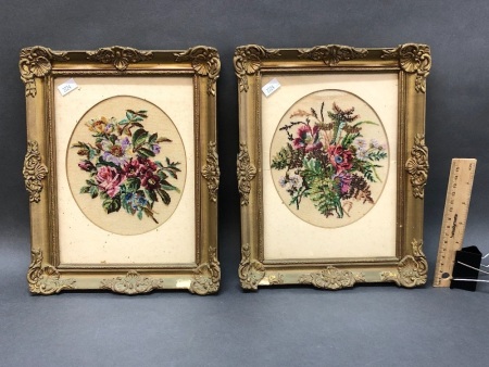 A Pair of Vintage Gilt Framed Fine Intricate Floral Needlepoints