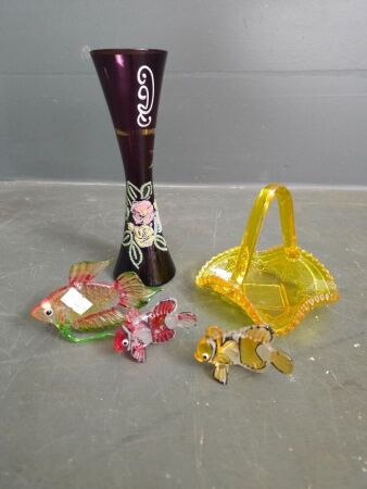 3 Murano style glass fish, yellow vaseline glass basket and hand painted cronberg glass vase circa 1940