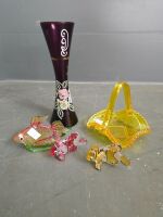 3 Murano style glass fish, yellow vaseline glass basket and hand painted cronberg glass vase circa 1940