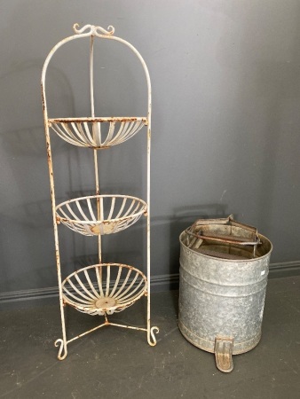 Metal Mop bucket and white metal plant stand