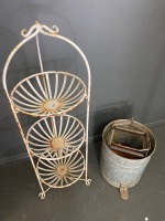 Metal Mop bucket and white metal plant stand - 2