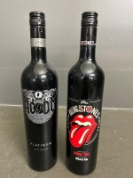 2 Collectable Un-Opened Bottles of Wine - AC/DC Platinum 2010 Shiraz and ROLLING STONES 50 Years 2012 Shiraz