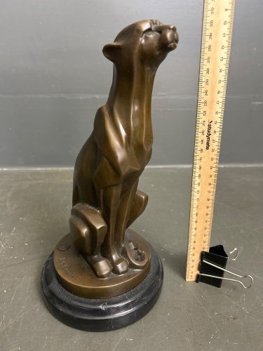 Bronze Art Nouveau Style Cheetah Sculpture on Marble Base - marked De Coux