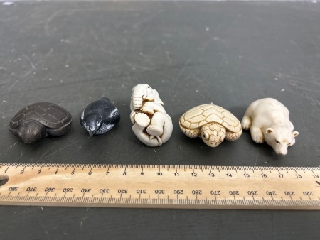 5 Adam Binder Netsuke - Polar Bear, Penguin, Elephant , 2 x Turtles