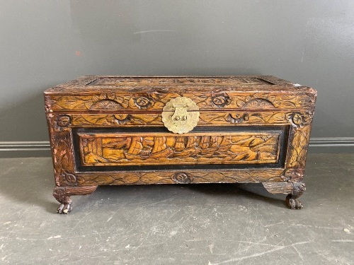 Small wooden carved chest with brass fittings