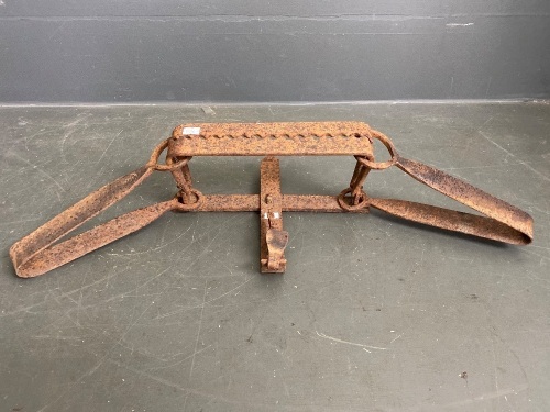 Large antique forged dog trap stamped Lion