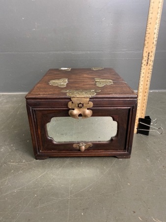 Beautiful wooden jewel box with brass fittings and in built mirror