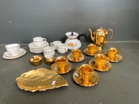 Mixed lot of gold and white china and 1 x Corning Ware jug - 3