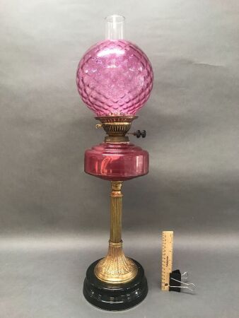 Vintage Cranberry Glass Kero Lamp with Brass Column