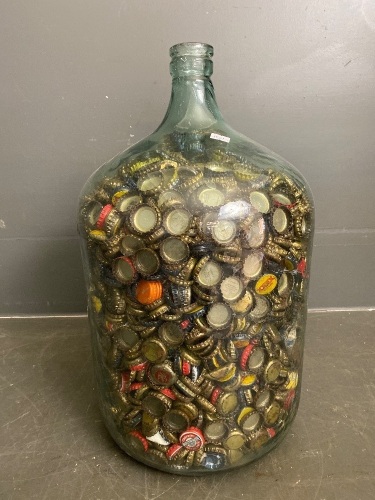 Large Glass Demijohn Full of Bottletops