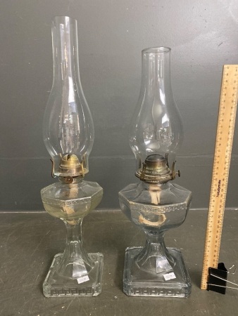 2 Glass Kerosine Lanterns with Chimneys - Square Base - Hex Font - 1 marked Queen Anne no.2