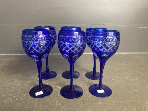 Set 6 Colbolt blue wine glasses cut to clear