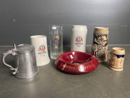 Selection of beer steins and Laurent - Perrier ash tray