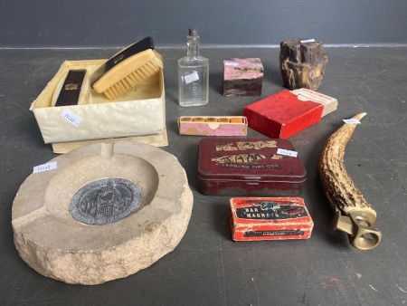 Mixed lot of vintage collectables - inc bone cigar cutter, brush set by Talisman, Faulding glass bottle