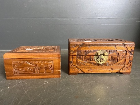 2 x small wooden carved jewellery boxes