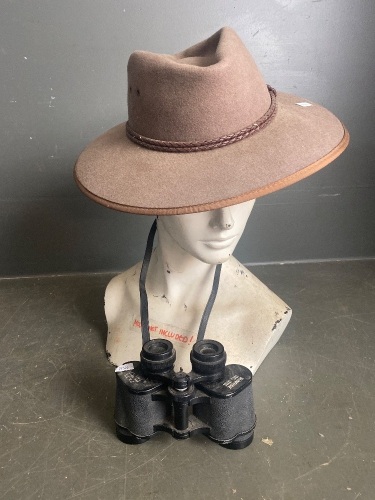 Fine wool felt hat (size 54) and pair Sunrise binoculars