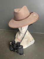 Fine wool felt hat (size 54) and pair Sunrise binoculars - 2