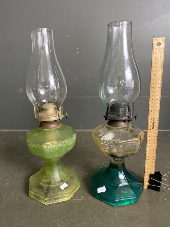 2 large kerosene lamp in green glass