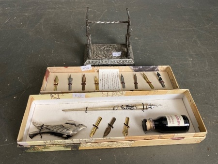 Boxed calligraphy set with metal stand