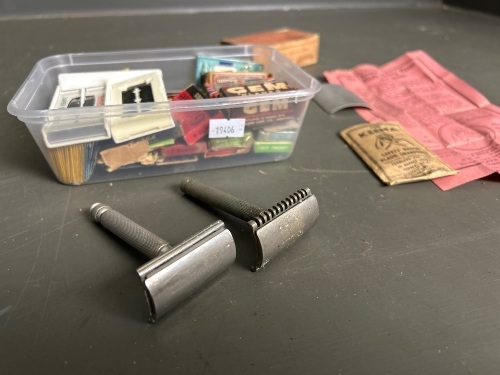 DE Safety Razor Lot inc. 2 Gillette Safety Razors, The Keena Blade Sharpener and Assortment of DE Blades