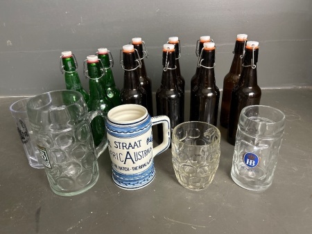 Assortment of Brewers Bottles and Beer Steins 