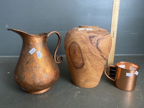 Wooden vase, copper Redlands Distillery mug and metal water jug