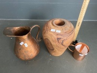 Wooden vase, copper Redlands Distillery mug and metal water jug - 3