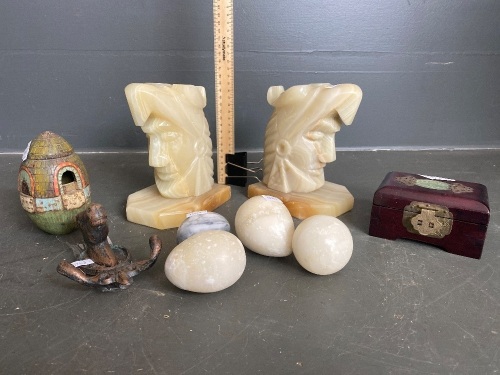 2 x Soap stone book ends figures, 4 x soap stone eggs, small jewellery box with watch, dice roller and horse hook hanger