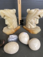 2 x Soap stone book ends figures, 4 x soap stone eggs, small jewellery box with watch, dice roller and horse hook hanger - 3