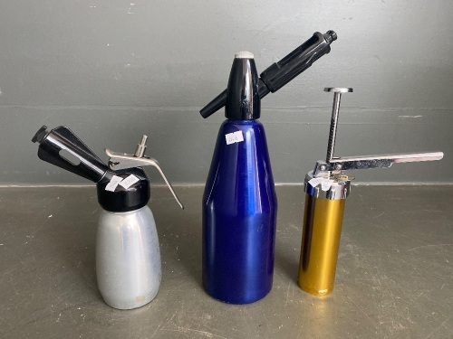 Vintage metallic gold cookie press, cream syphon and blue anodised soda syphon