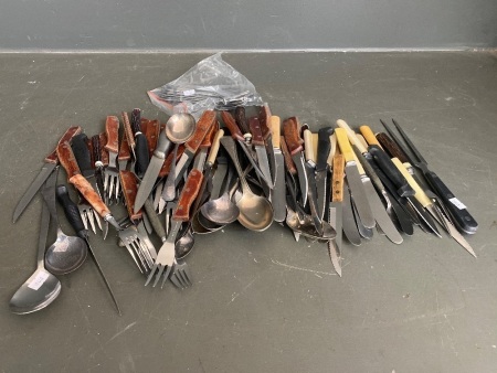 Mixed lot of cutlery, steak knives, bone handle knives, spoons, sporks and more