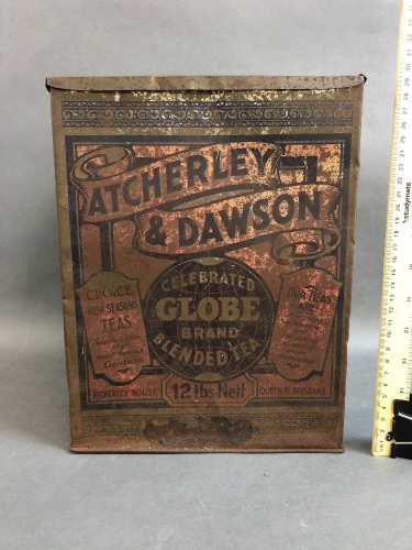 Rare Antique Atcherley & Dawson 12lbs 'Celebrated Globe Brand' Tea Tin from Queen Street, Brisbane.