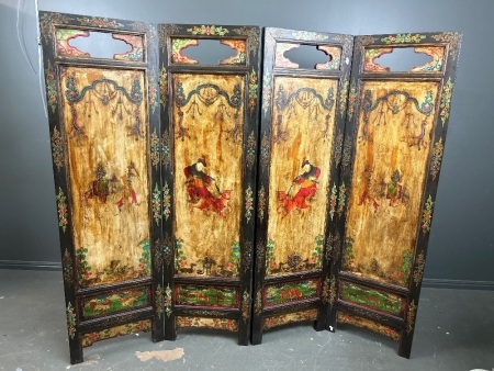 Hand-Painted and Etched Tibetan 4-Piece Screen