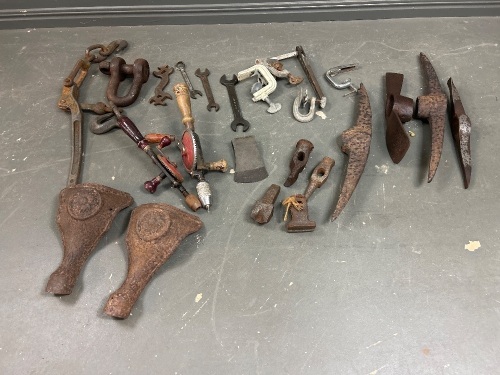 Mixed Lot of Tools inc Picks, Blacksmiths Top and Bottom Tools, Spanners, Hand Drills etc + 2 Cast Iron Legs