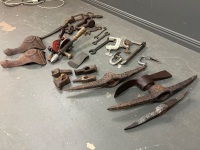 Mixed Lot of Tools inc Picks, Blacksmiths Top and Bottom Tools, Spanners, Hand Drills etc + 2 Cast Iron Legs - 3