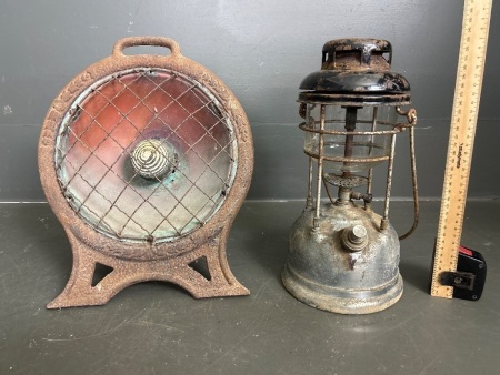 Vintage Cast Iron an Copper Electric Heater and Kerosene Lamp