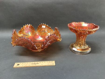 Marigold Carnival Glass Bowl and Matching Vase