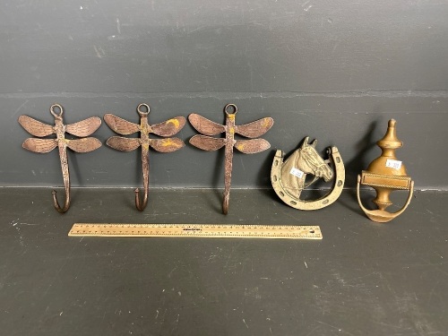 3 Copper Hat/Coat Hooks + 2 Brass Door Knockers