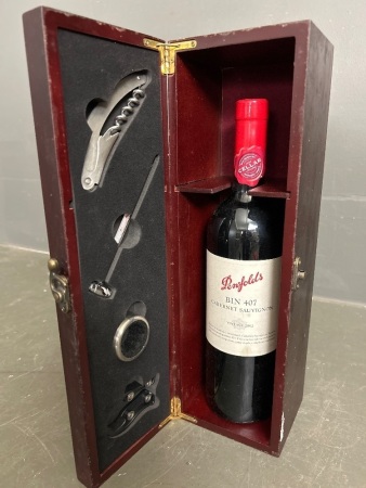 Unopened Bottle of 2002 Vintage Penfolds Bin 407 Cab Sauv in Presentation Box with Thermometer, Penknife etc