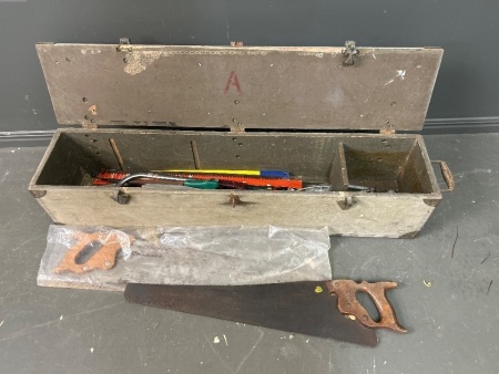 Wooden Toolbox with Brass Locks and Metal Handles containing an assortment of tools