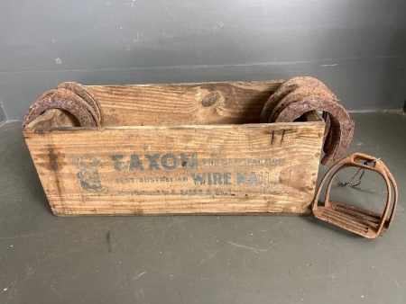 Vintage Saxon Wire Nails Crate with Horseshoes and Stirrup Irons