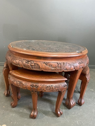 Carved Wooden Oriental Tea Table Set - Claw Feet and Glass Insert