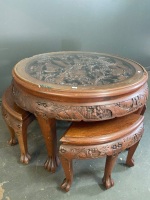 Carved Wooden Oriental Tea Table Set - Claw Feet and Glass Insert - 4