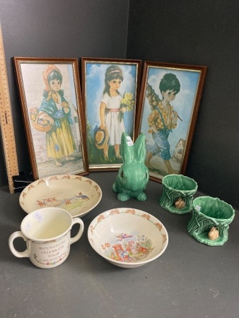 Three vintage prints with Bunnykins plate, bowl and cup and a Sylvac bunny and 2 Sylvac bunny holders