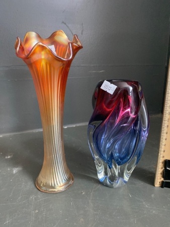 2 Vintage Vases -  Pink and Purple bohemian handblown glass and carnival glass